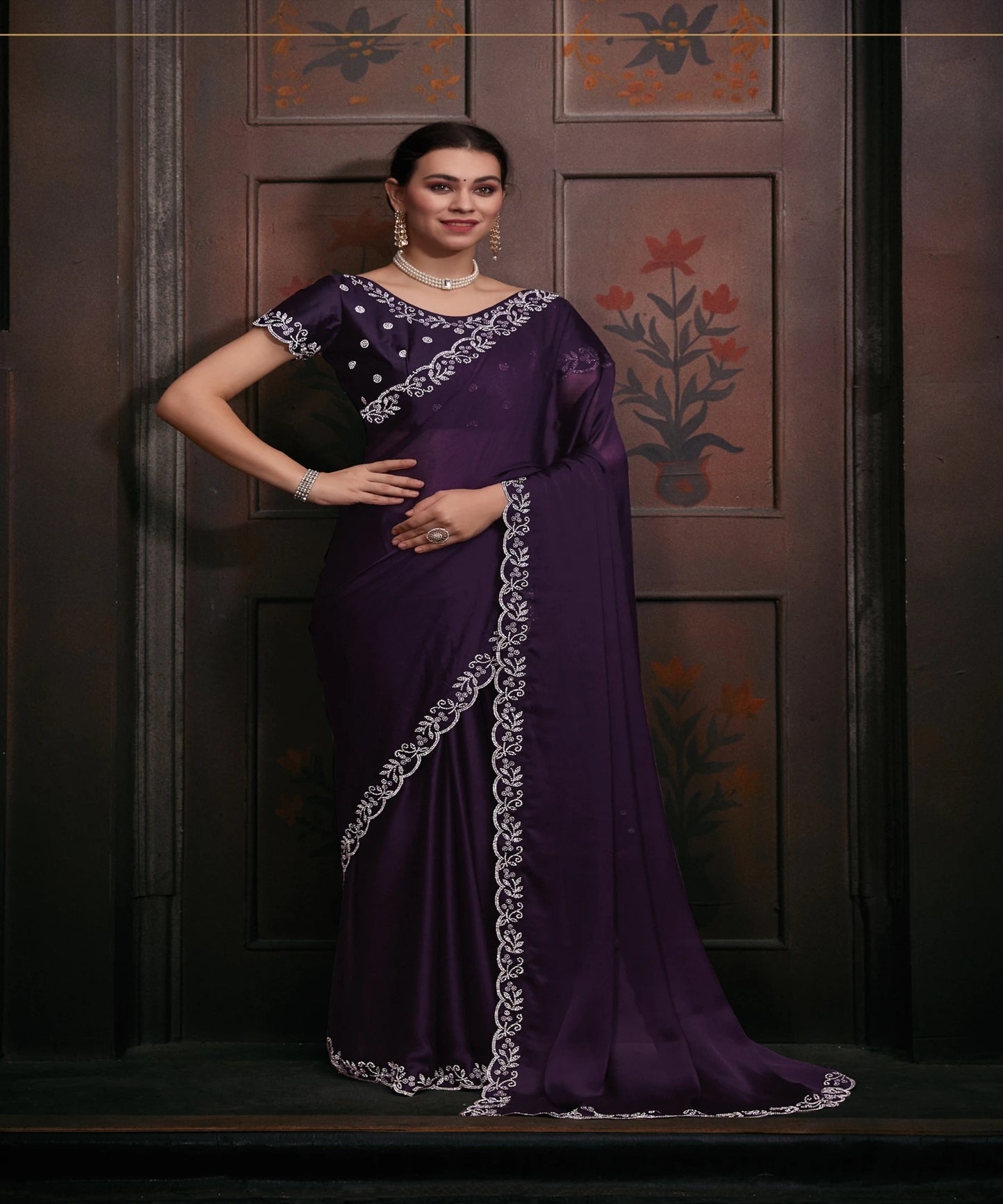 Designer Party Wear Chiffon Handwork Saree