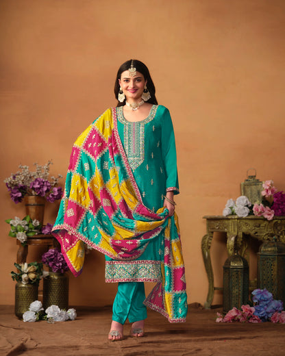 Designer Embroidered Chinon Silk Suit