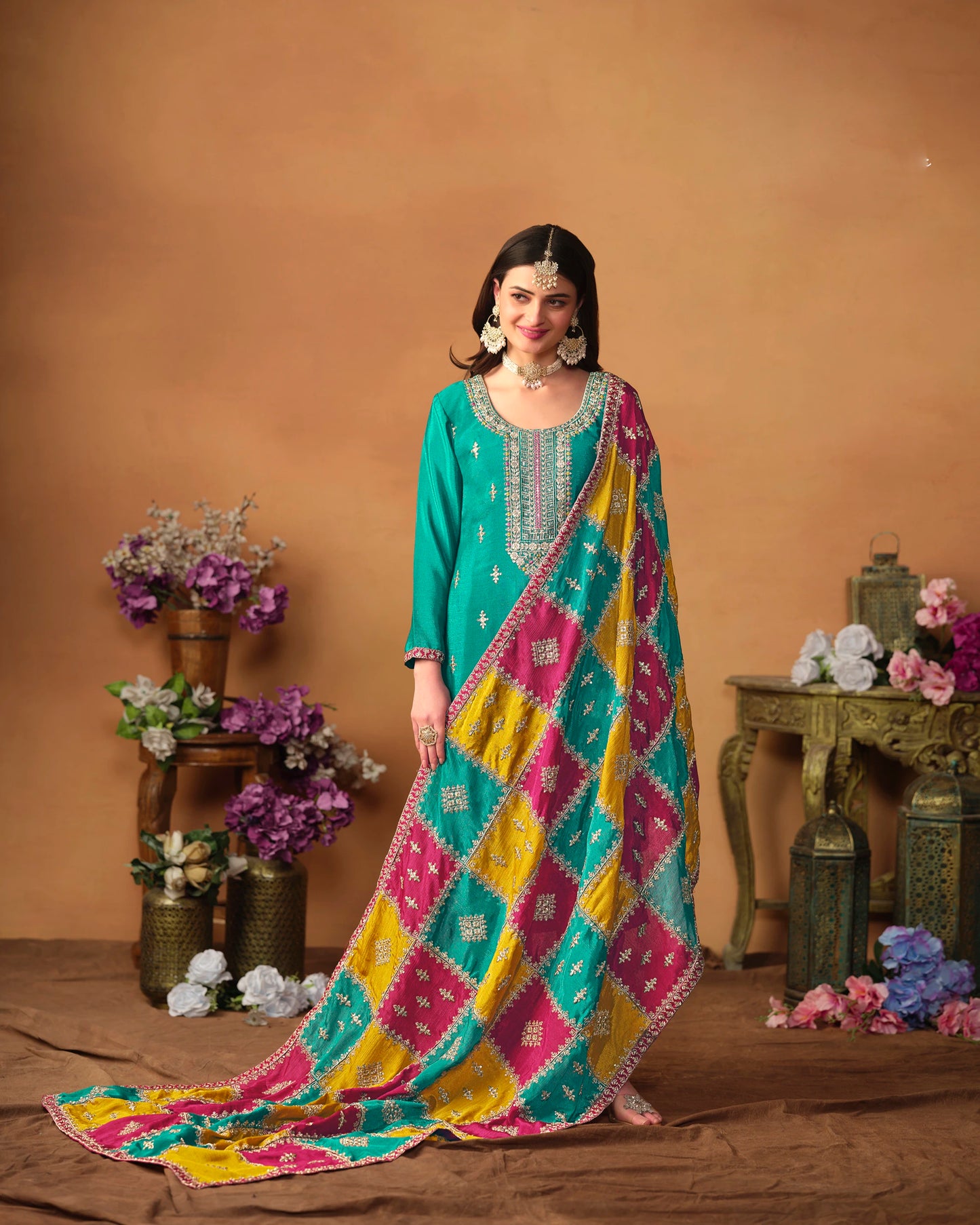 Designer Embroidered Chinon Silk Suit