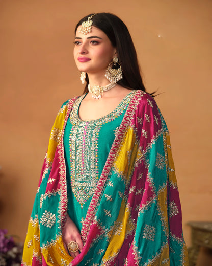 Designer Embroidered Chinon Silk Suit