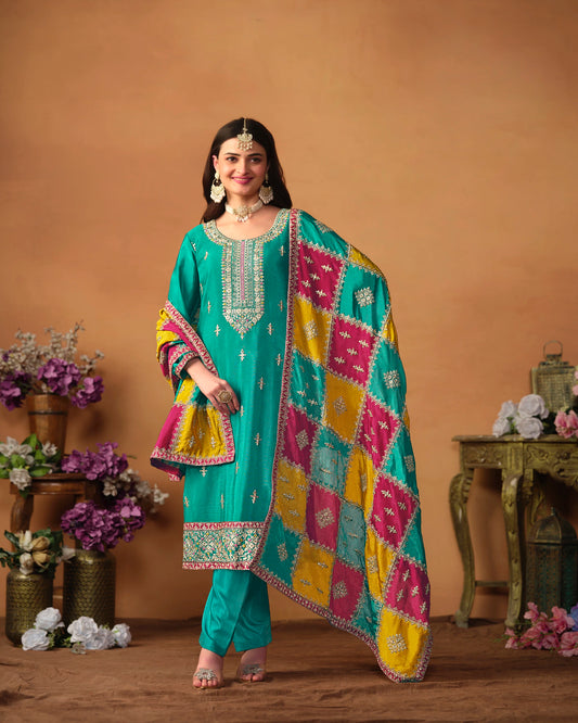 Designer Embroidered Chinon Silk Suit