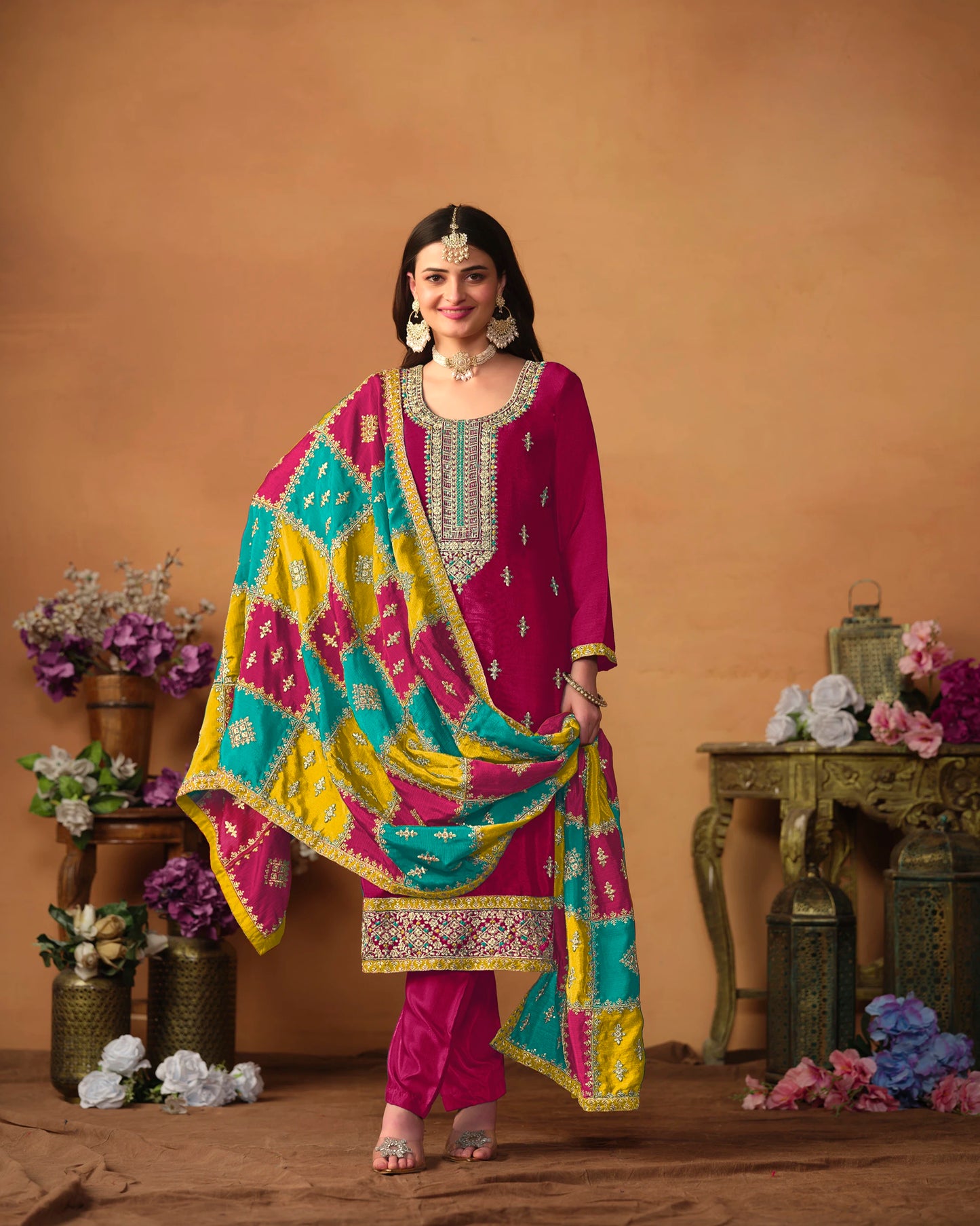 Designer Embroidered Chinon Silk Suit