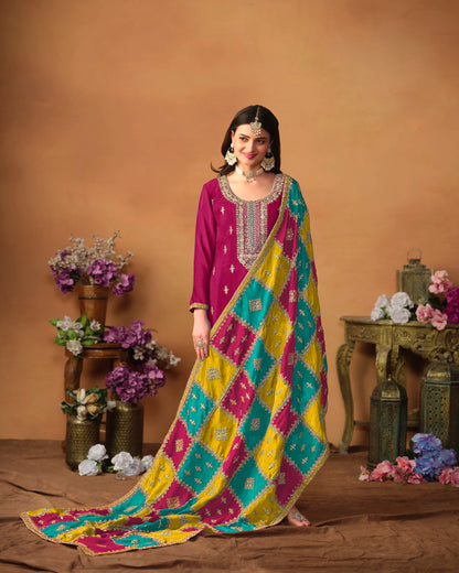 Designer Embroidered Chinon Silk Suit