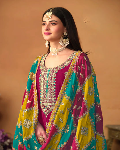 Designer Embroidered Chinon Silk Suit