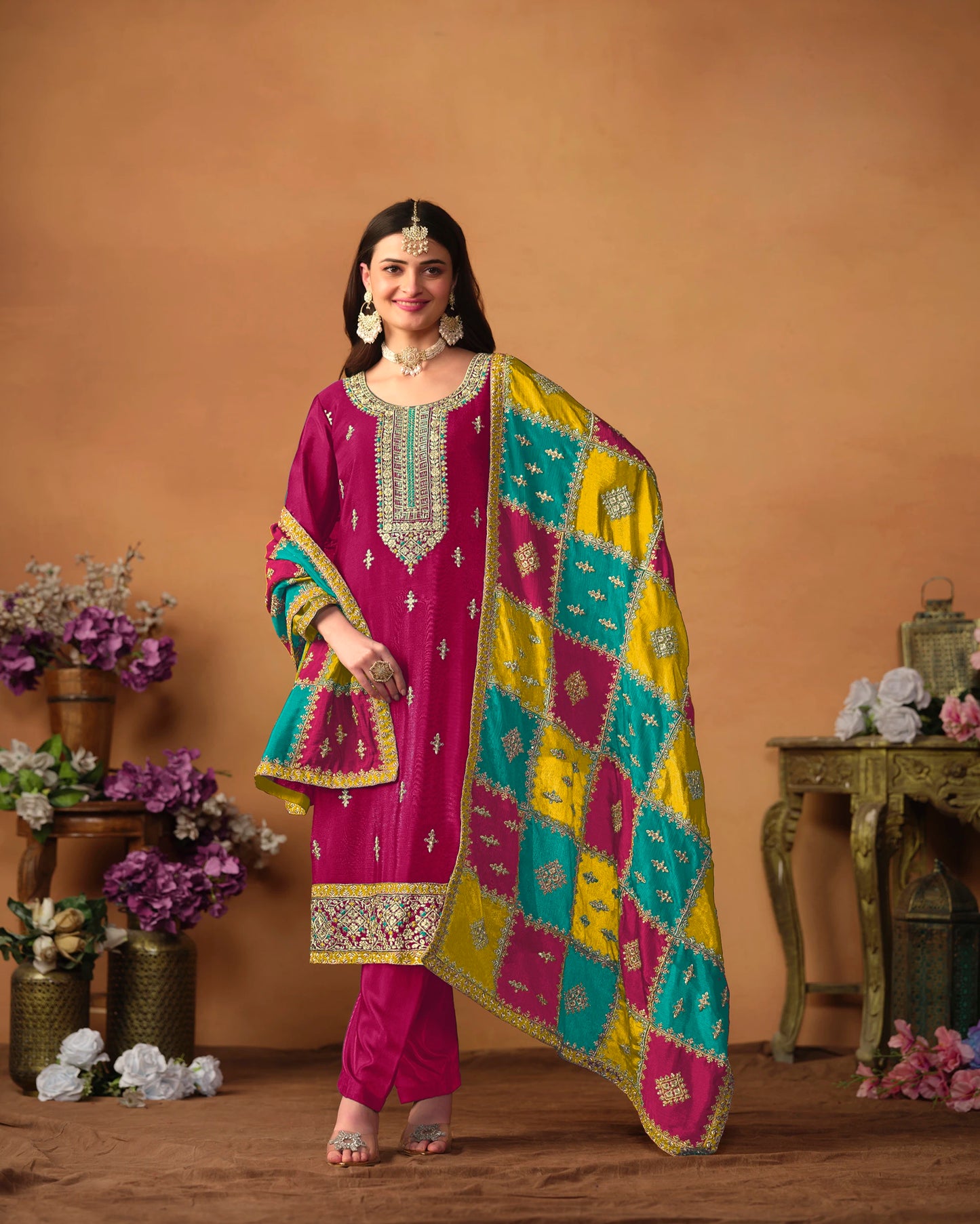 Designer Embroidered Chinon Silk Suit