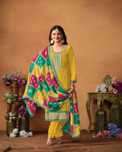 Designer Embroidered Chinon Silk Suit