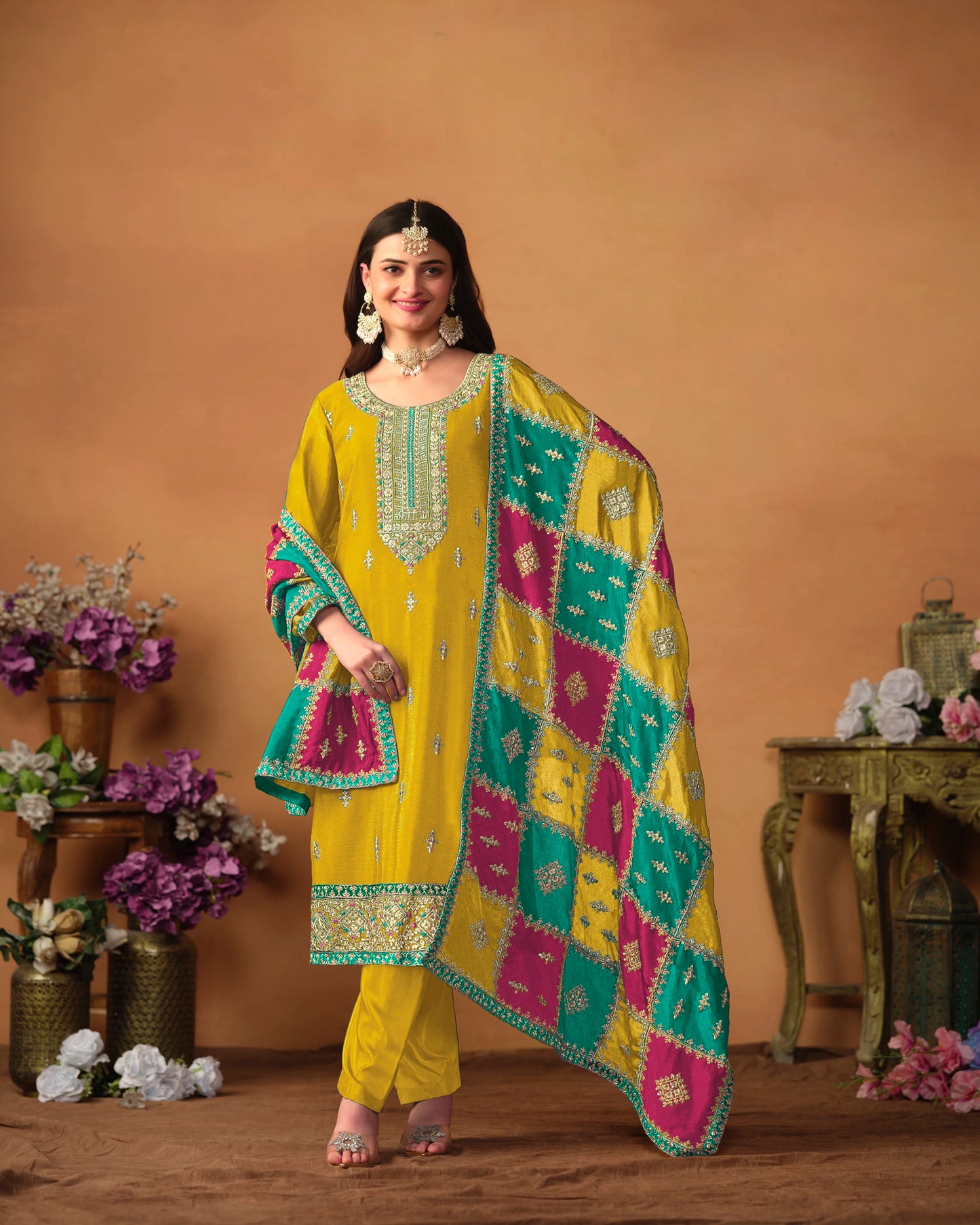 Designer Embroidered Chinon Silk Suit