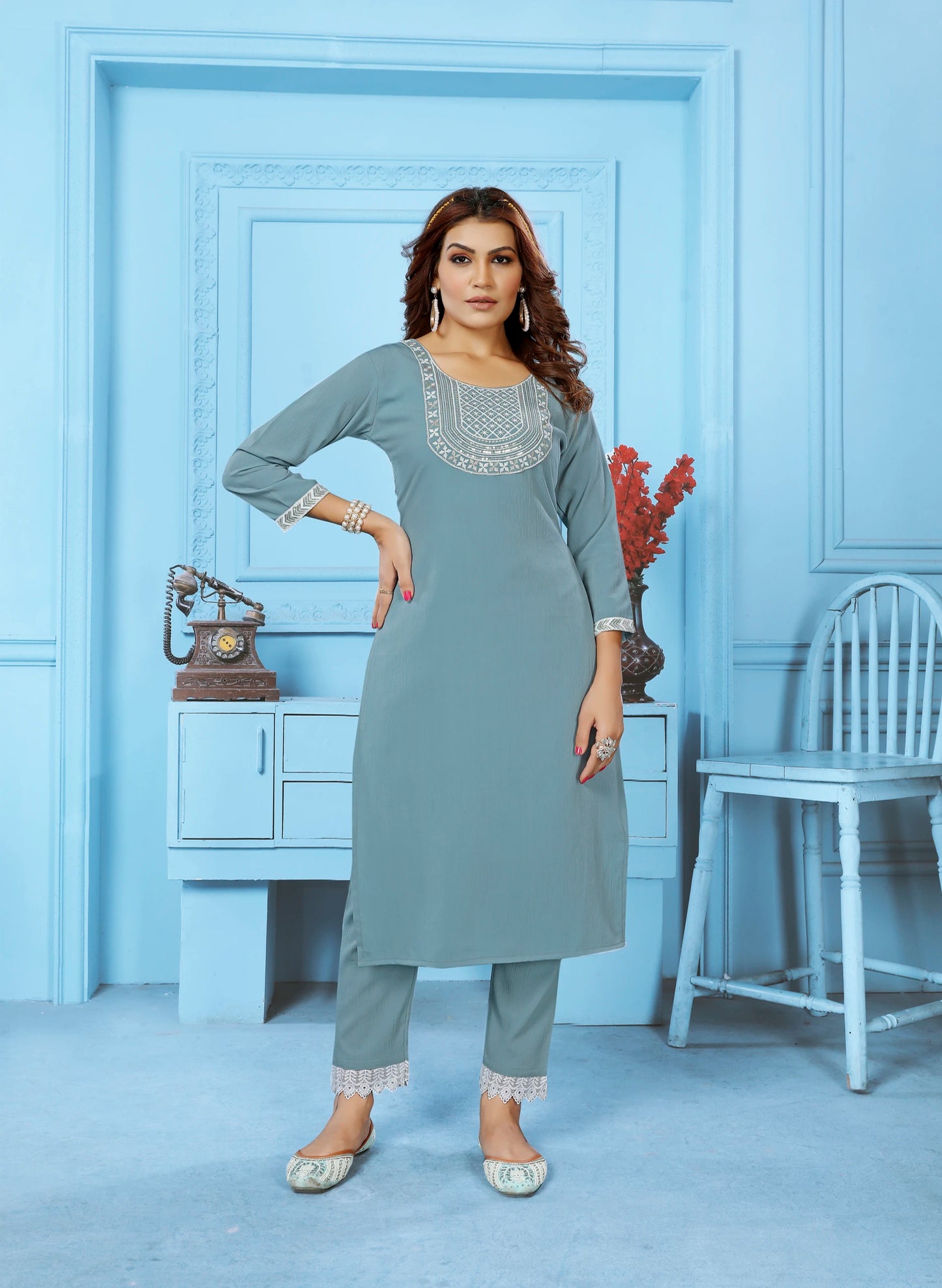 Embroidered Straight Women Kurta Pant Set