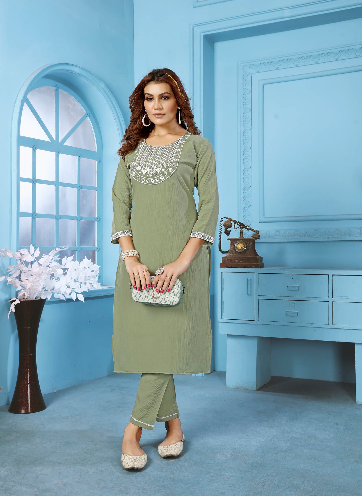 Embroidered Straight Women Kurta Pant Set