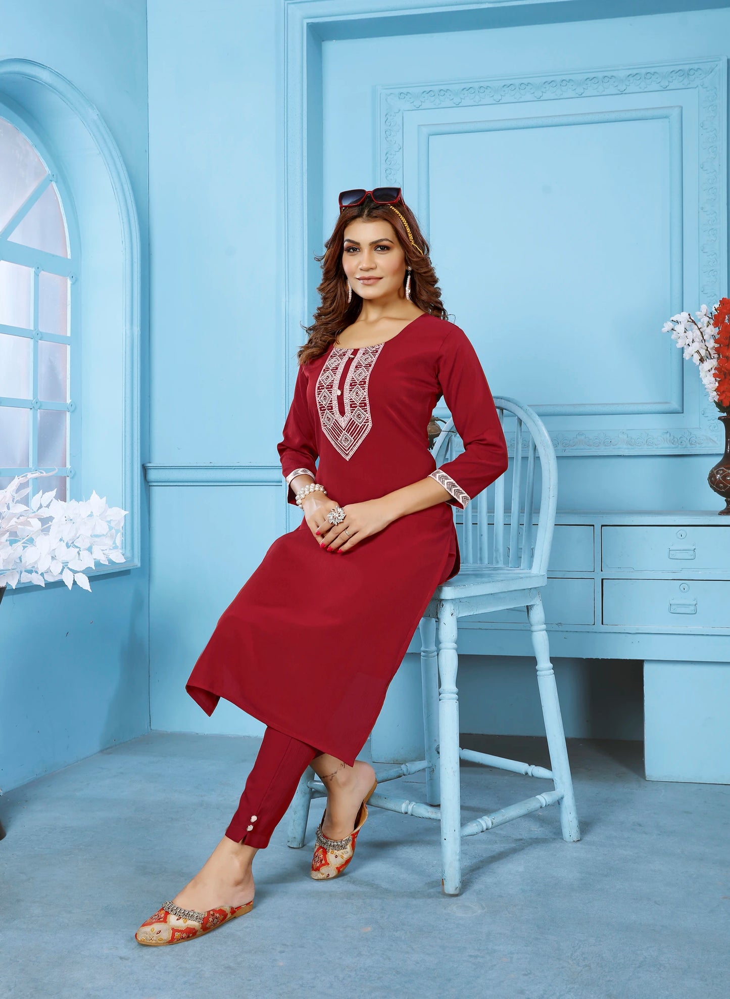 Embroidered Straight Women Kurta Pant Set