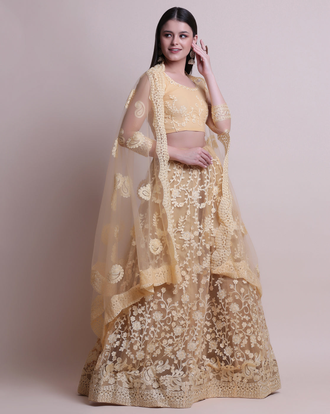 Tan Party Wear Foil Print Lehenga Choli