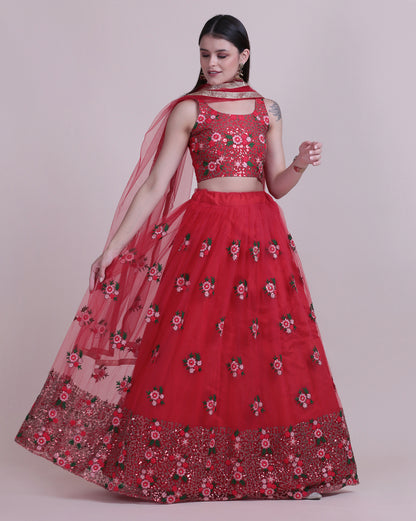 Red Party Wear Foil Print Lehenga Choli