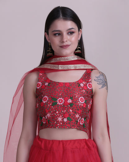 Red Party Wear Foil Print Lehenga Choli