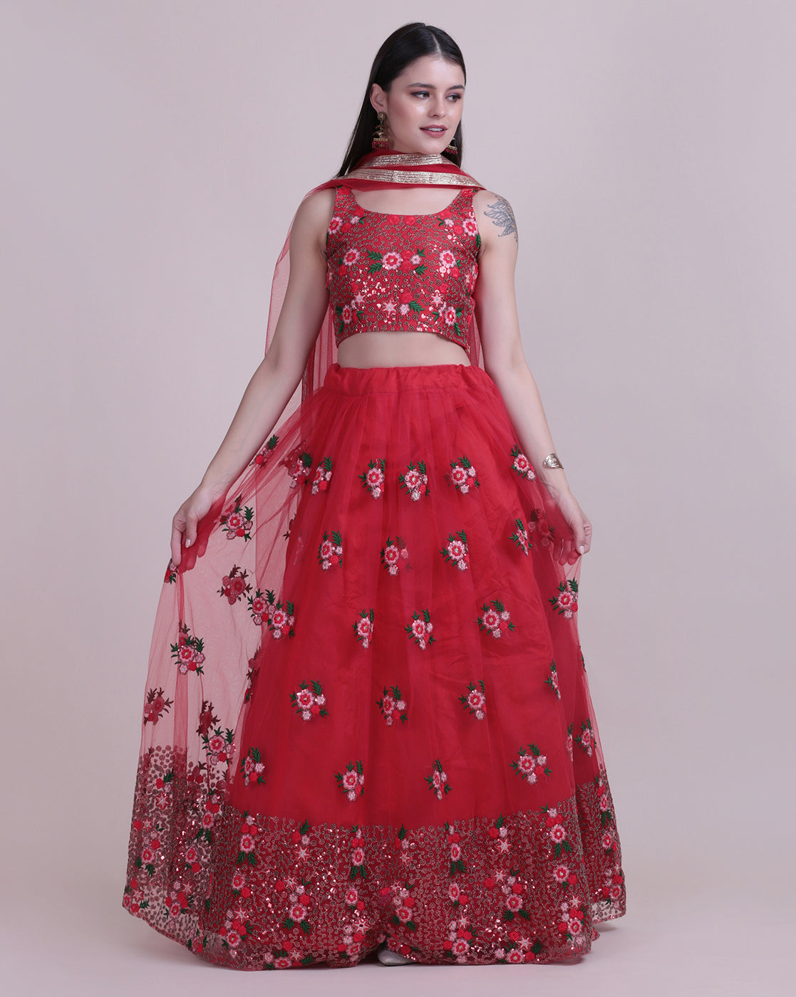 Red Party Wear Foil Print Lehenga Choli