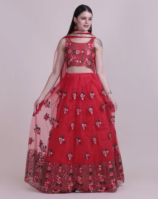 Red Party Wear Foil Print Lehenga Choli