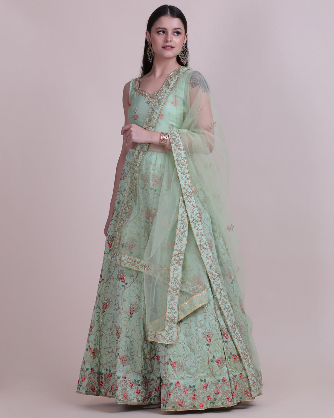 Light Green Party Wear Foil Print Lehenga Choli