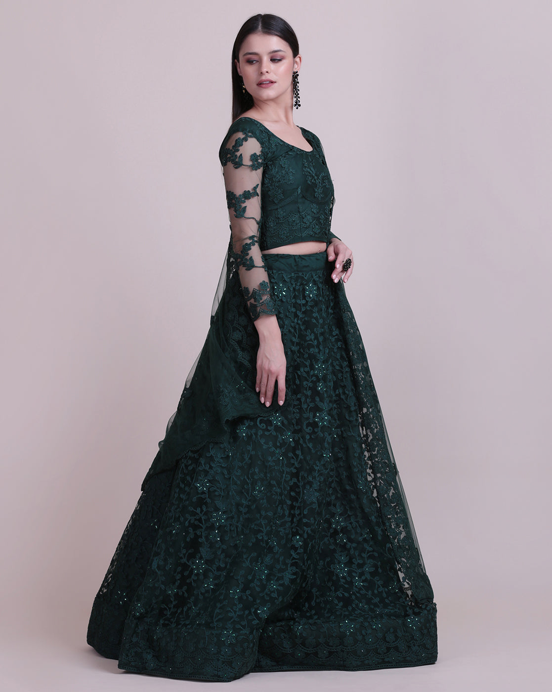 Dark green Party Wear Foil Print Lehenga Choli