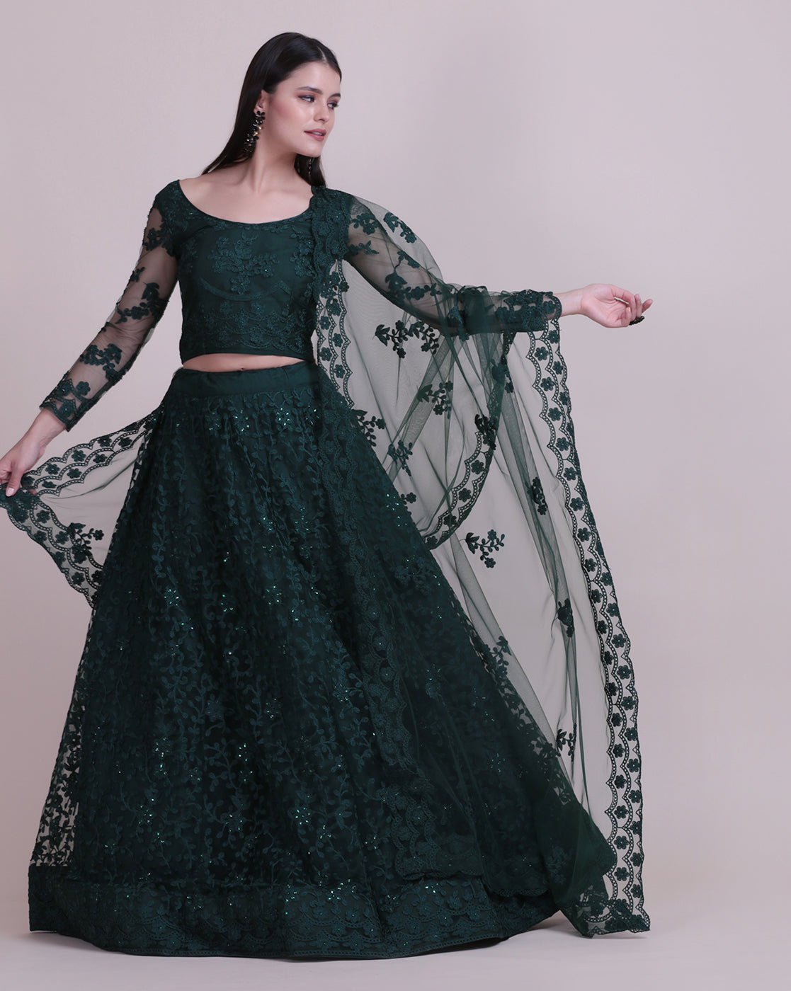 Dark green Party Wear Foil Print Lehenga Choli