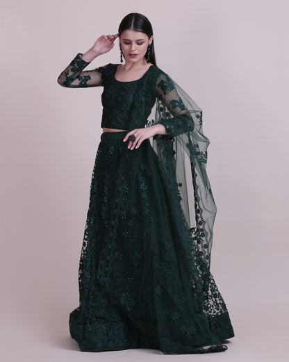 Dark green Party Wear Foil Print Lehenga Choli