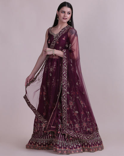 Plum Party Wear Foil Print Lehenga Choli