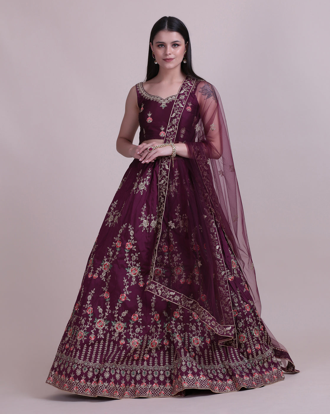 Plum Party Wear Foil Print Lehenga Choli