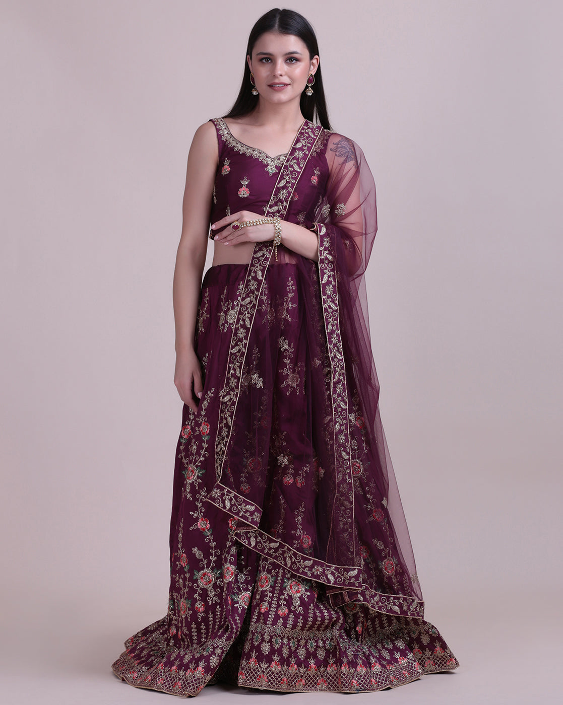 Plum Party Wear Foil Print Lehenga Choli