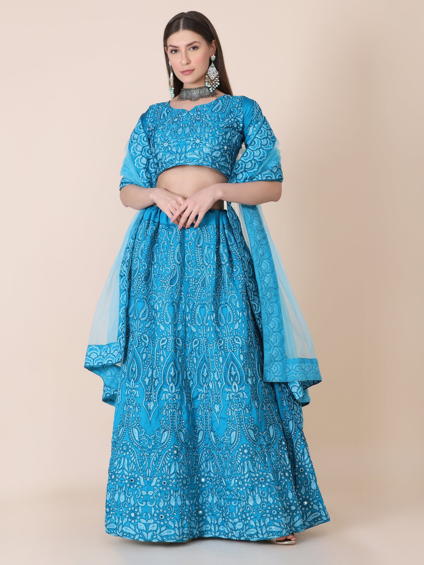 Sky Blue Party Wear Foil Print Lehenga Choli