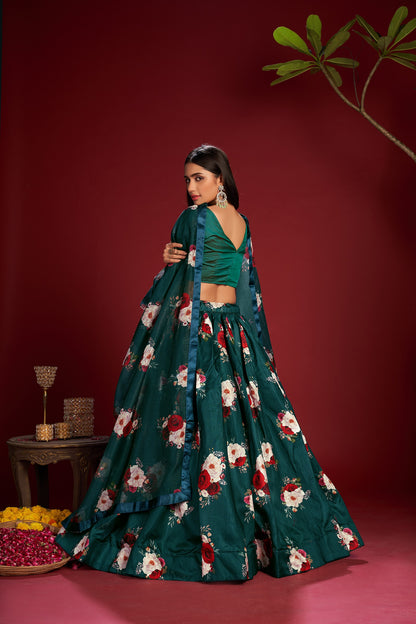 Green Party Wear Foil Print Lehenga Choli