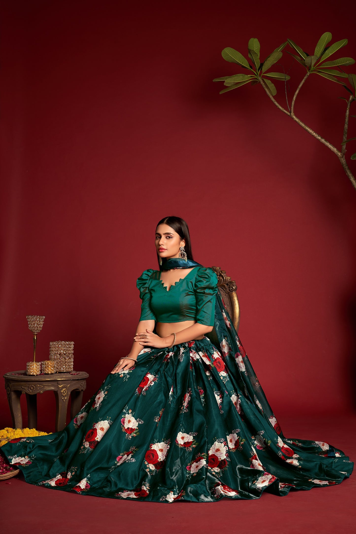 Green Party Wear Foil Print Lehenga Choli