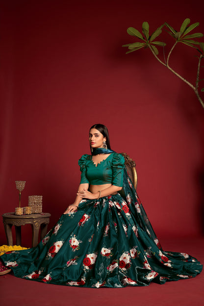 Green Party Wear Foil Print Lehenga Choli