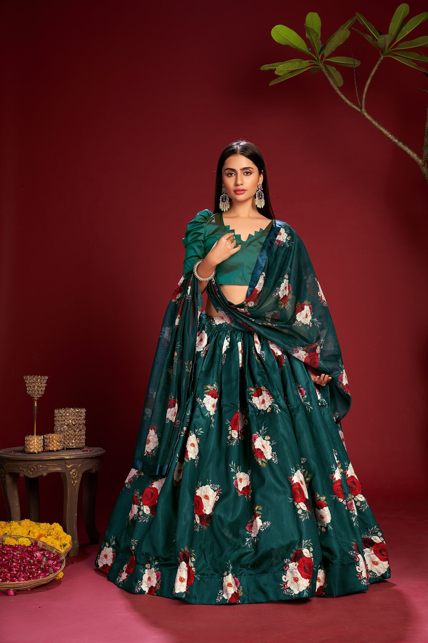 Green Party Wear Foil Print Lehenga Choli