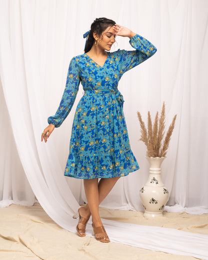 Blue Georgette Printed Maxi Dress