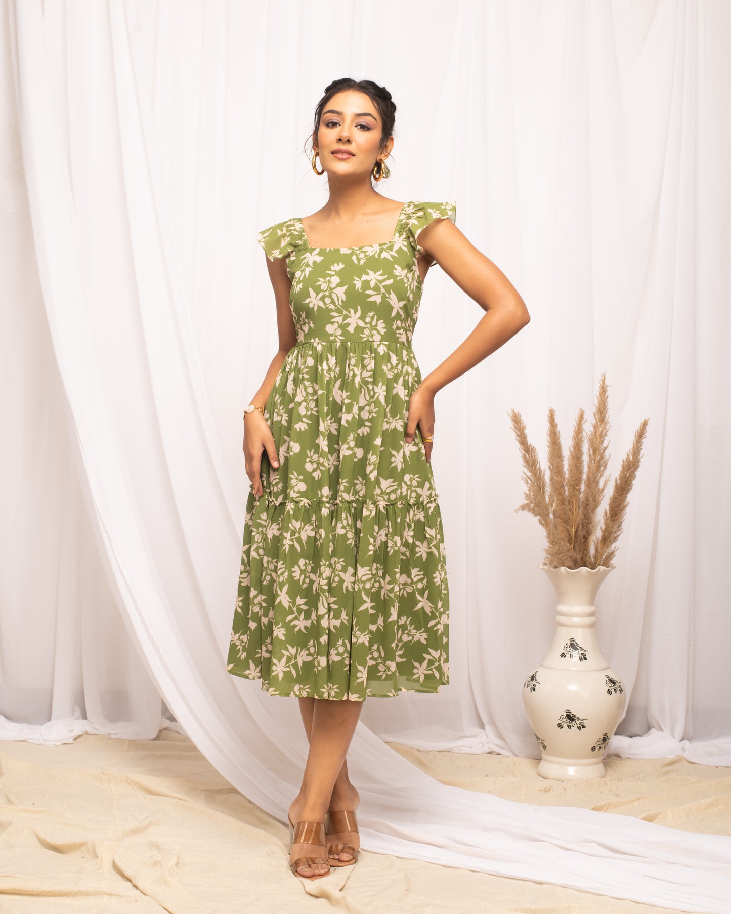 Mehendi Georgette Printed Maxi Dress