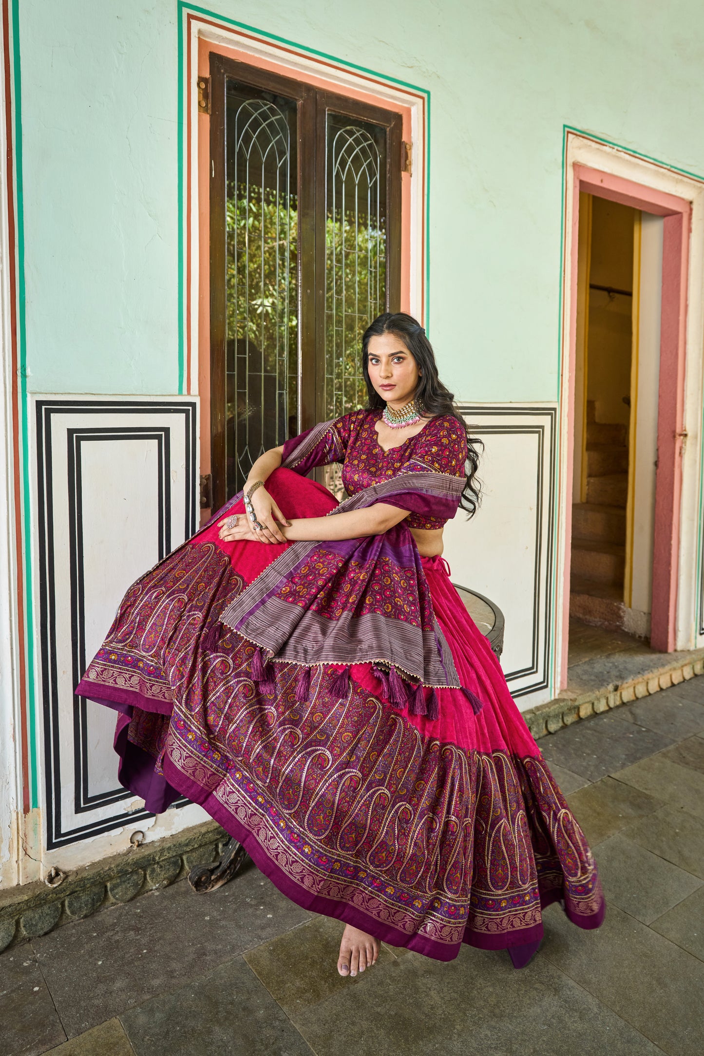 Kashmiri Print with foil print designer Pink lehenga choli