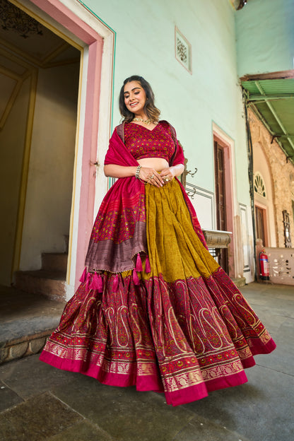 Kashmiri Print with foil print designer Mustard lehenga choli