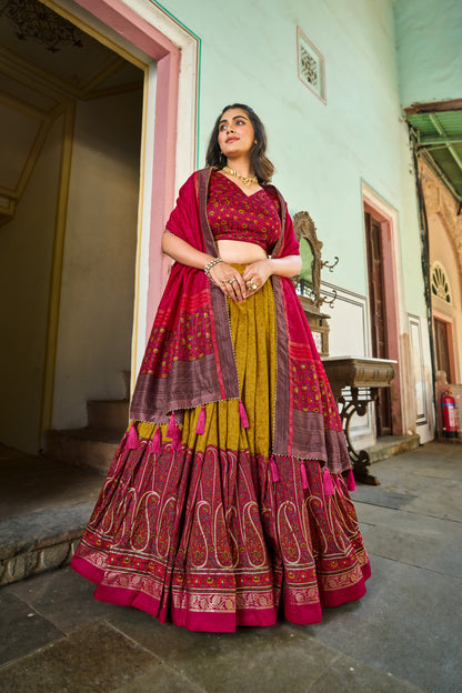 Kashmiri Print with foil print designer Mustard lehenga choli