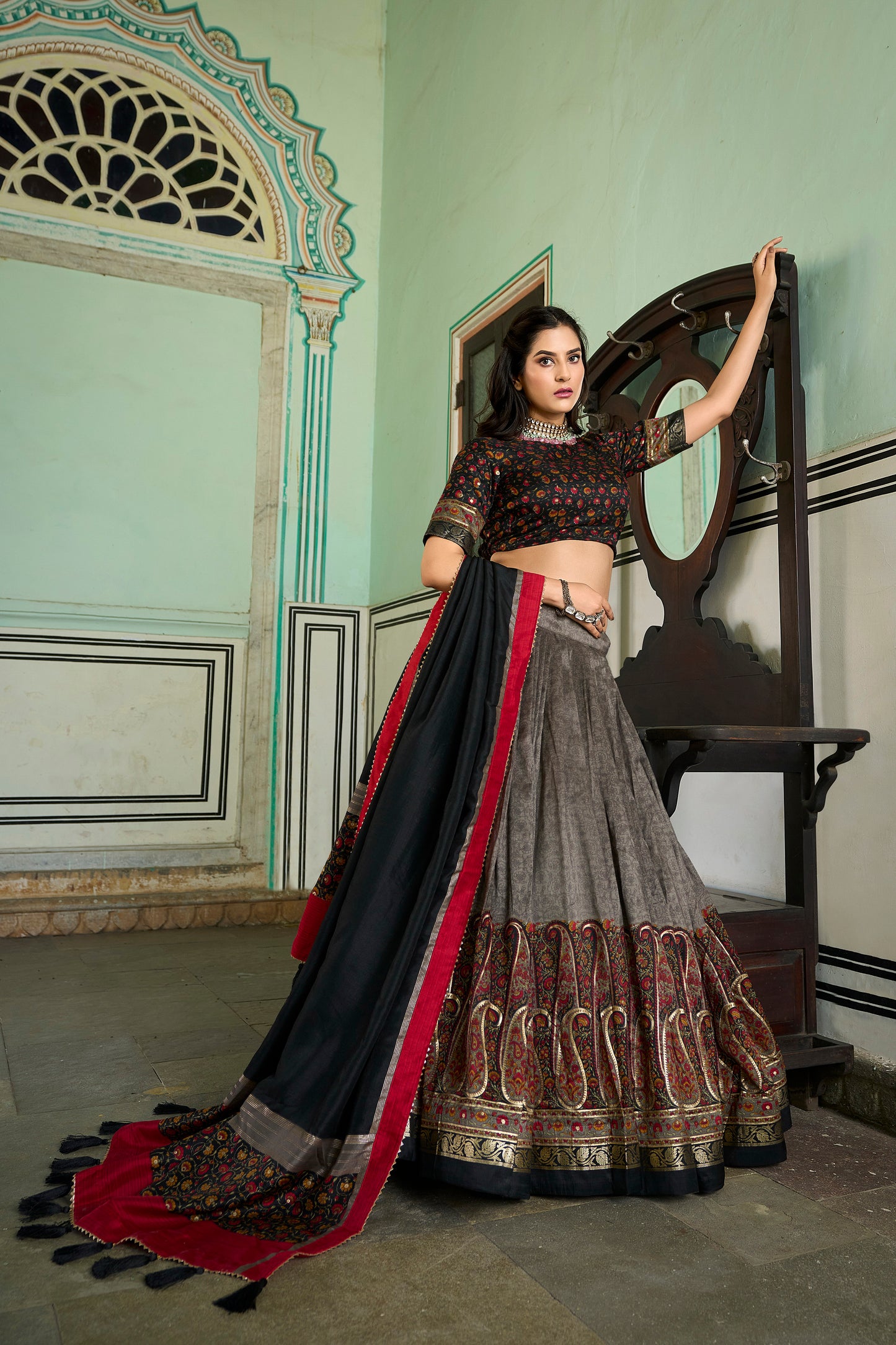 Kashmiri Print With Foil Print Designer Grey Lehenga Choli