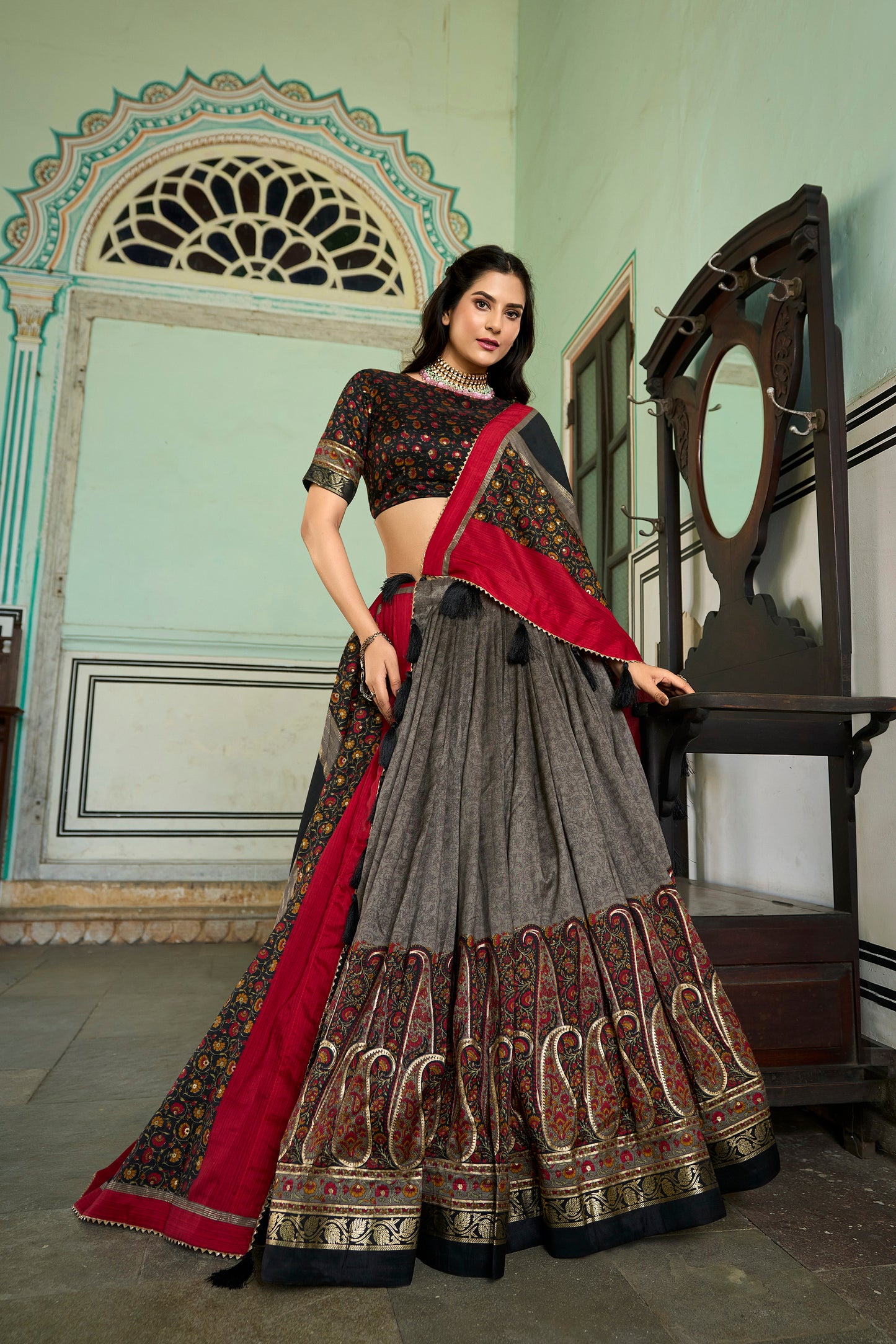 Kashmiri Print With Foil Print Designer Grey Lehenga Choli