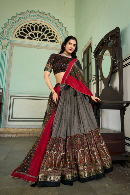 Kashmiri Print With Foil Print Designer Grey Lehenga Choli