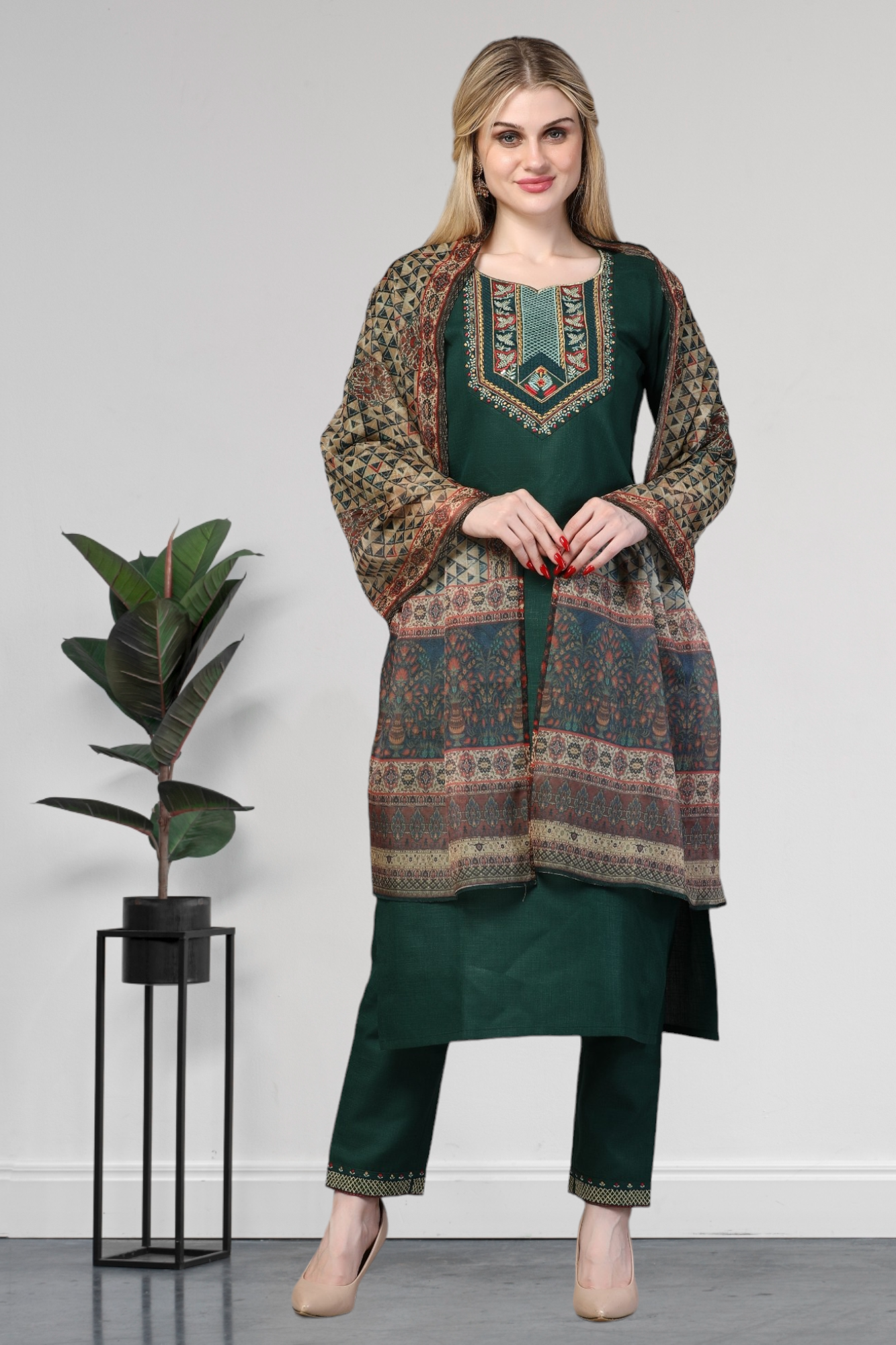 Embroidered Kurti With Digital Print Dupatta