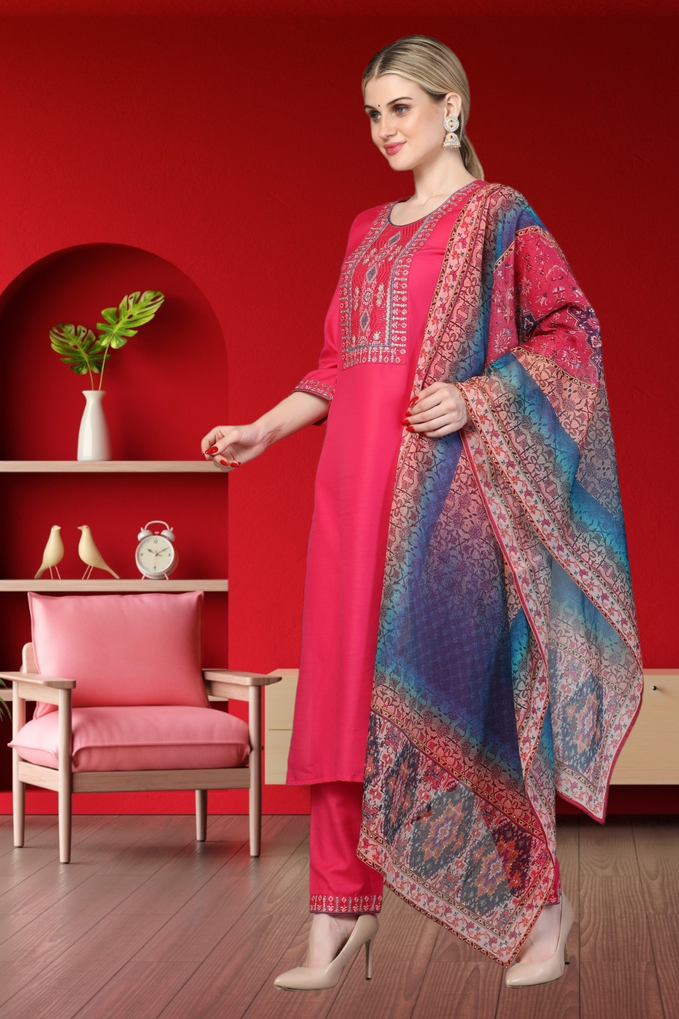 Embroidered Kurti With Digital Print Dupatta