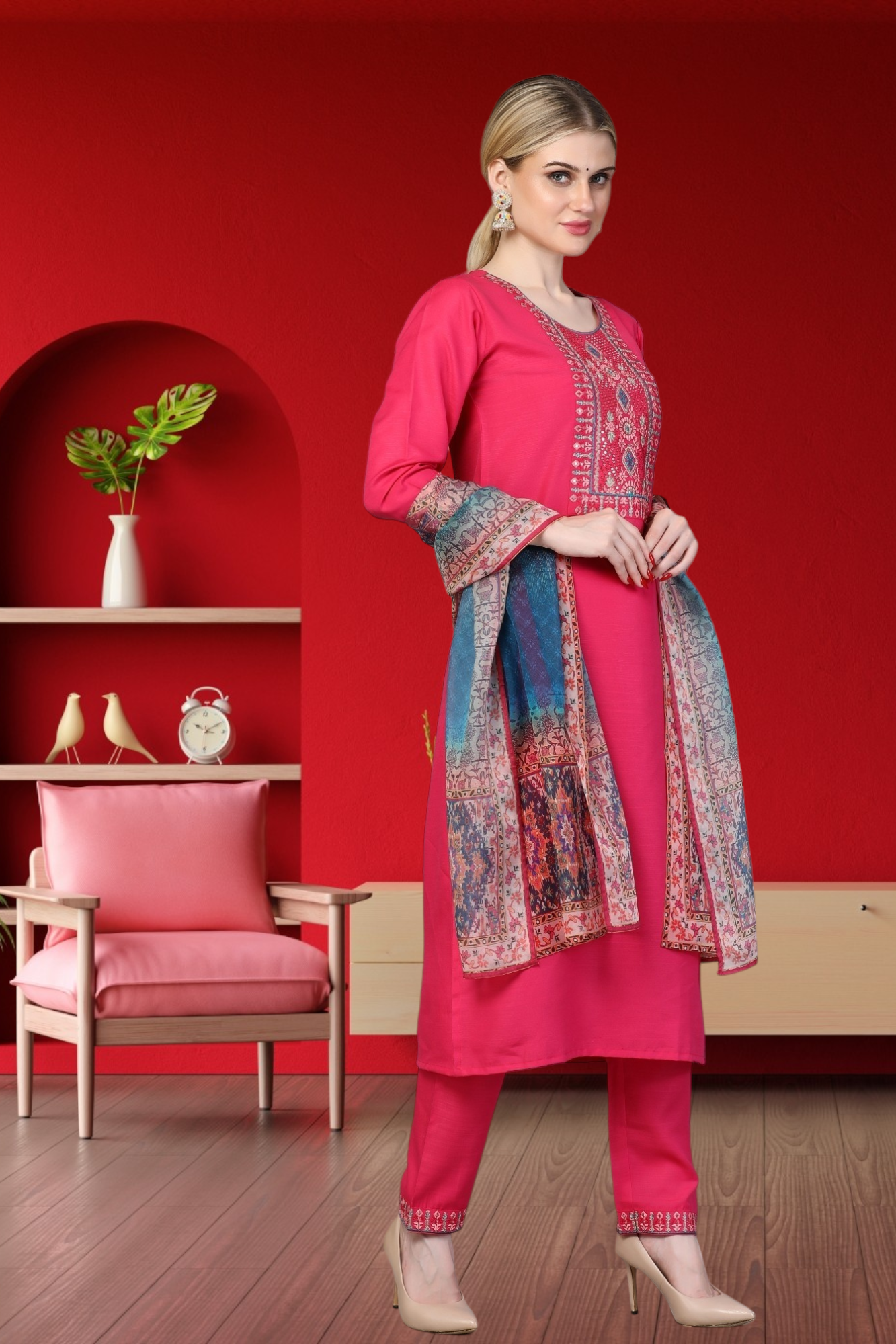 Embroidered Kurti With Digital Print Dupatta