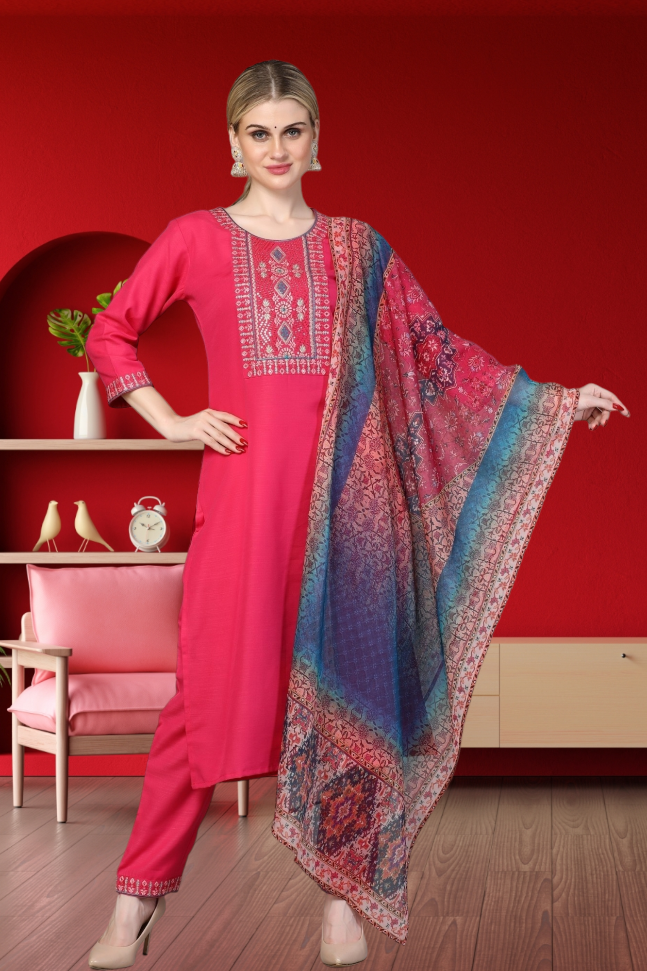 Embroidered Kurti With Digital Print Dupatta