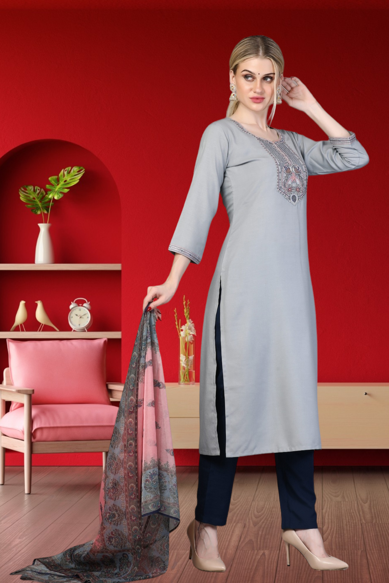 Embroidered Kurti With Digital Print Dupatta