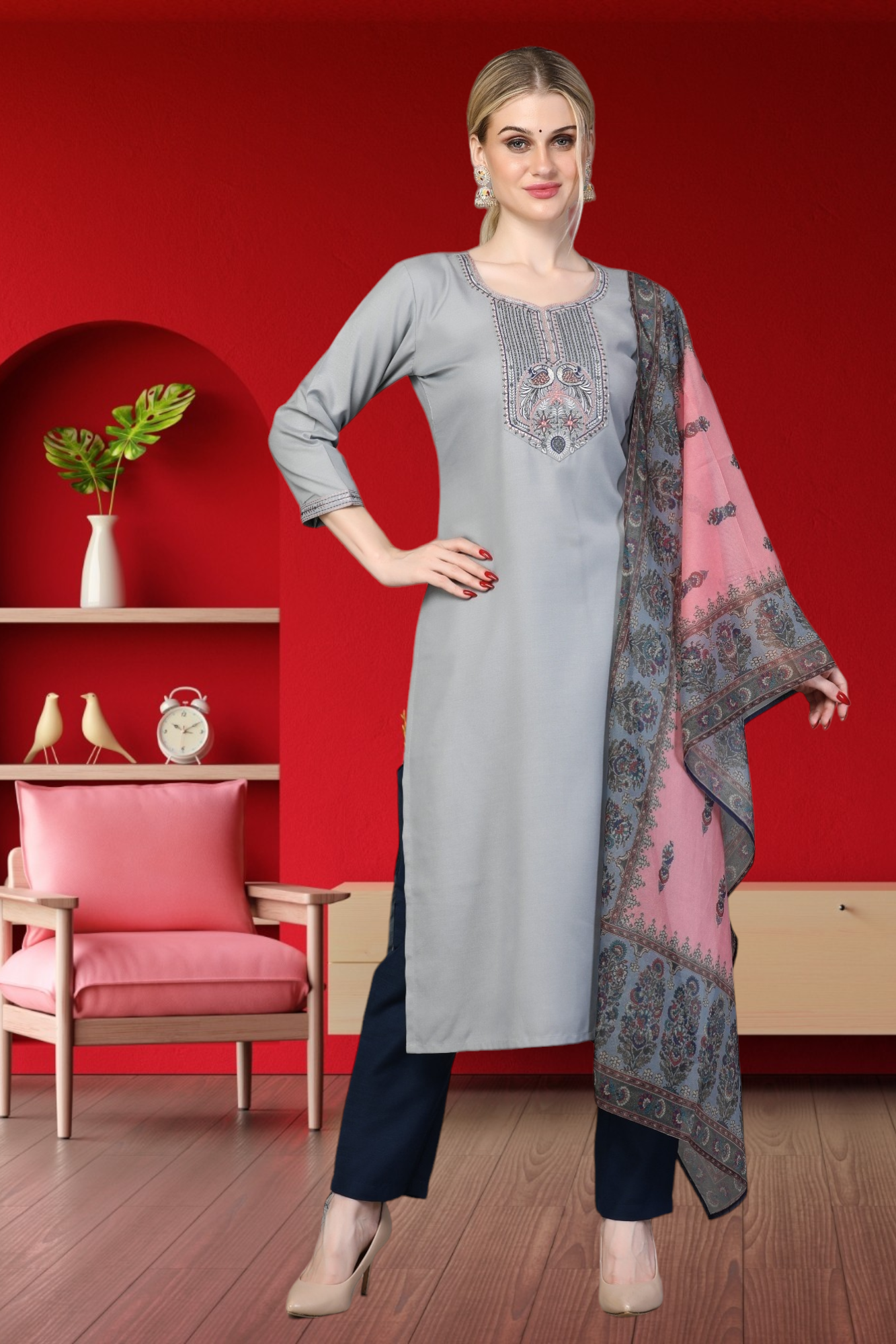 Embroidered Kurti With Digital Print Dupatta