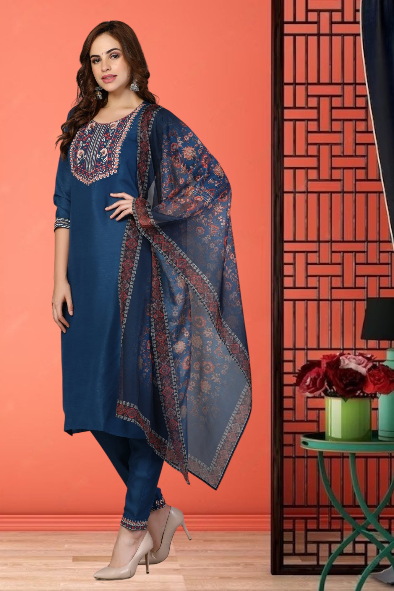 Embroidered Kurti With Digital Print Dupatta