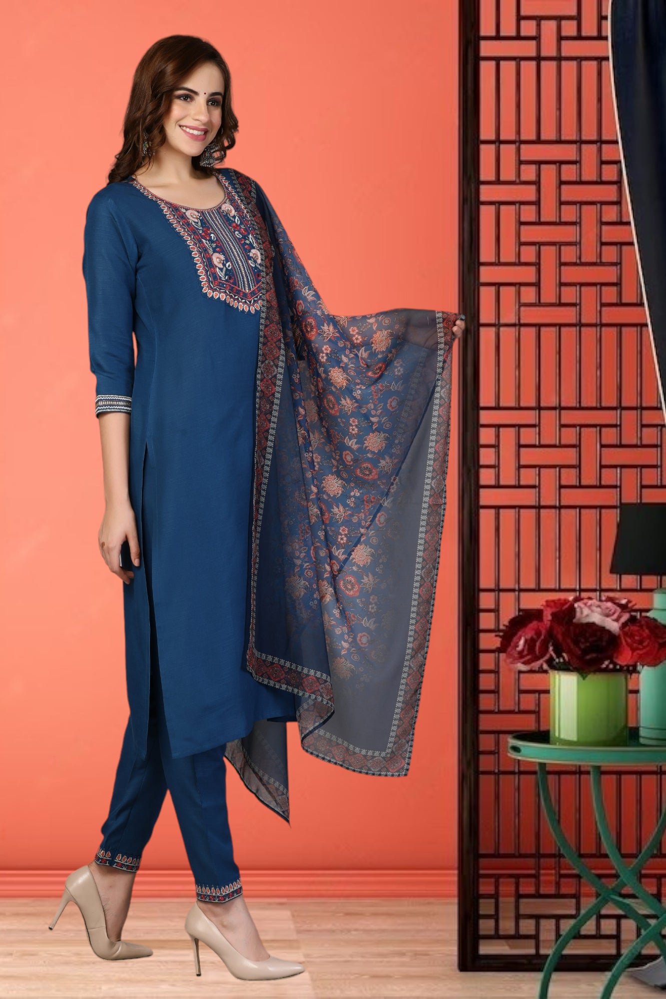 Embroidered Kurti With Digital Print Dupatta