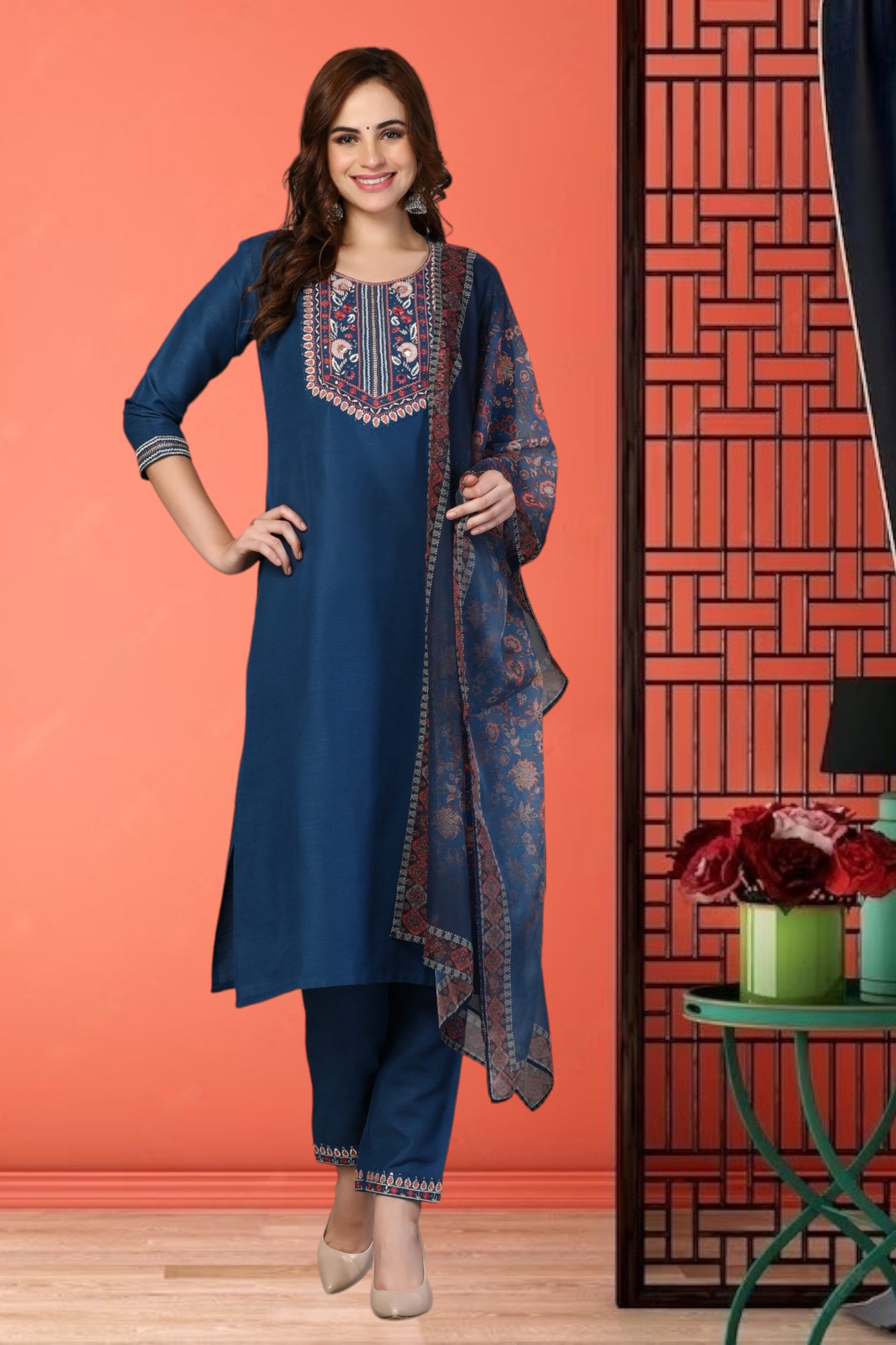 Embroidered Kurti With Digital Print Dupatta