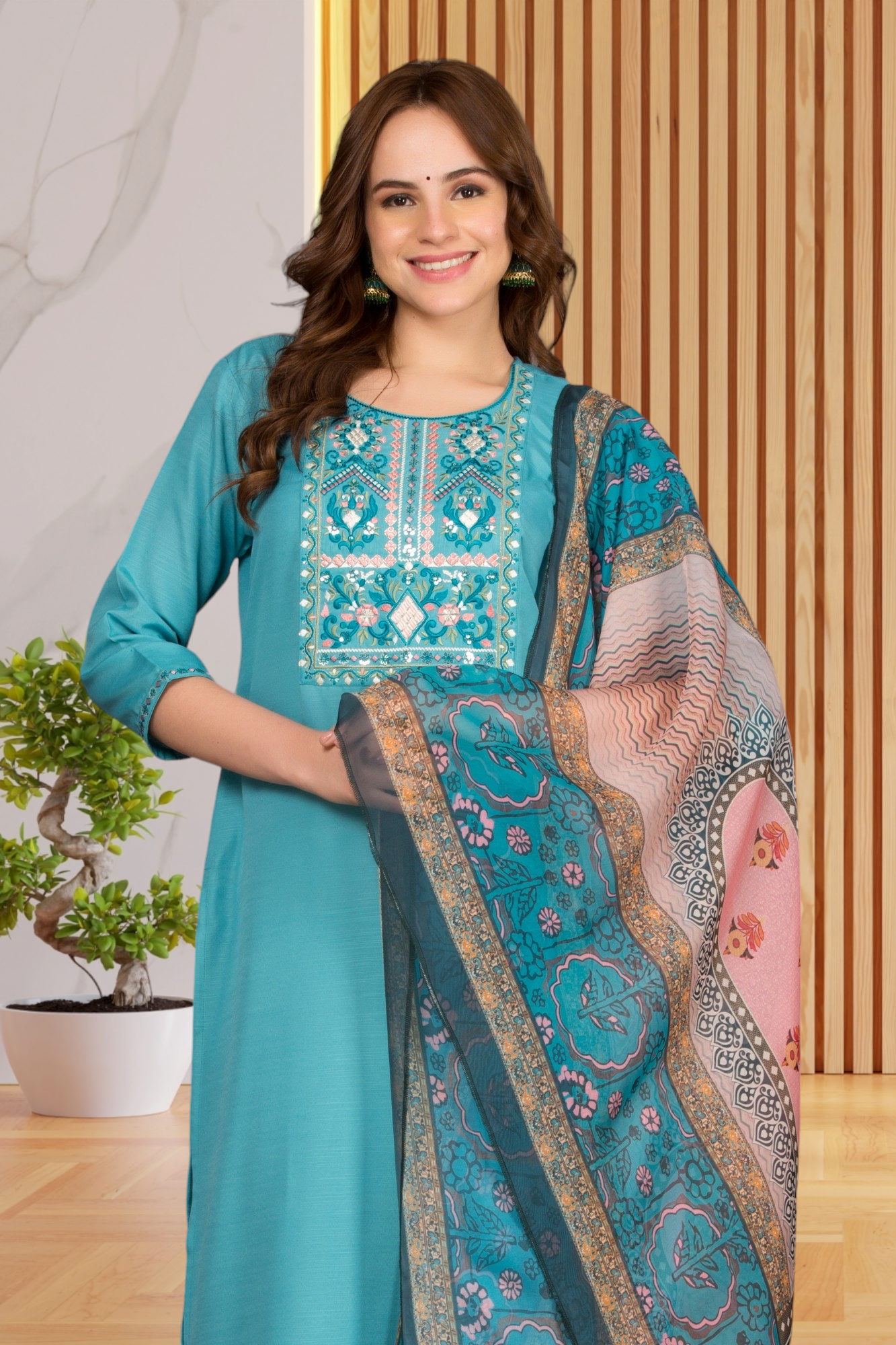 Embroidered Kurti With Digital Print Dupatta