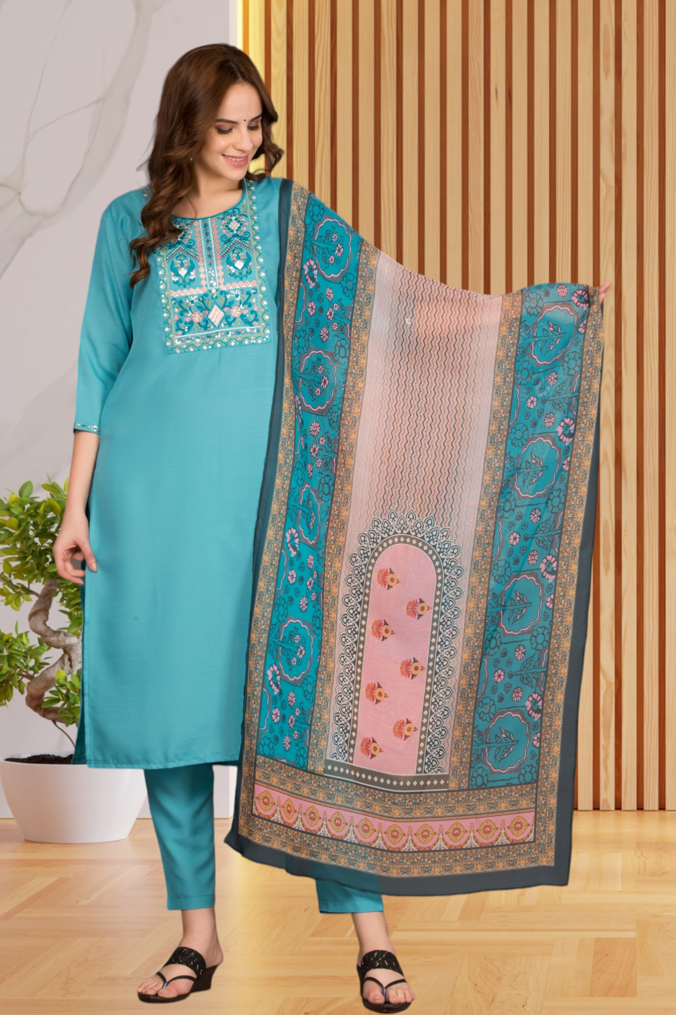 Embroidered Kurti With Digital Print Dupatta